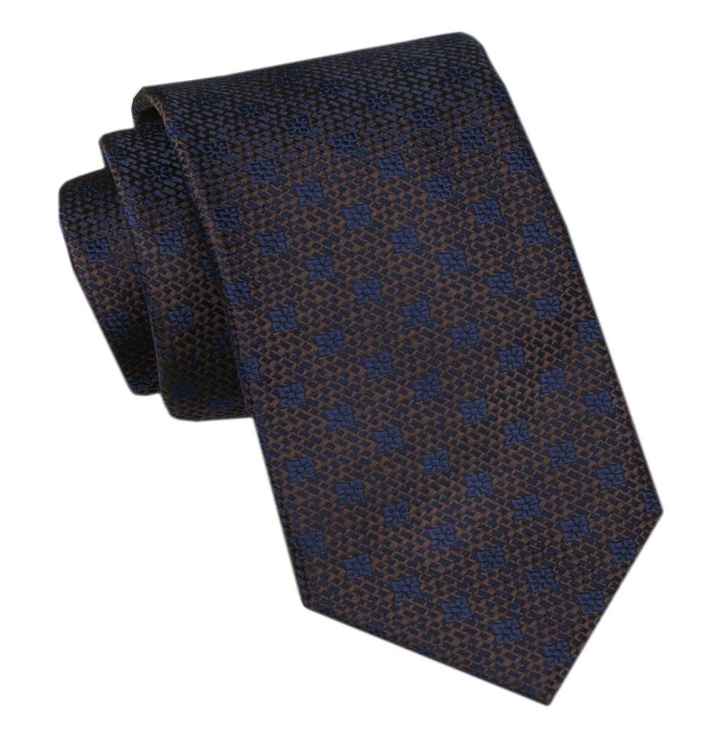 Modny Męski Krawat - Alties - Ciemny Brąz w Drobne Granatowe Kwiatki