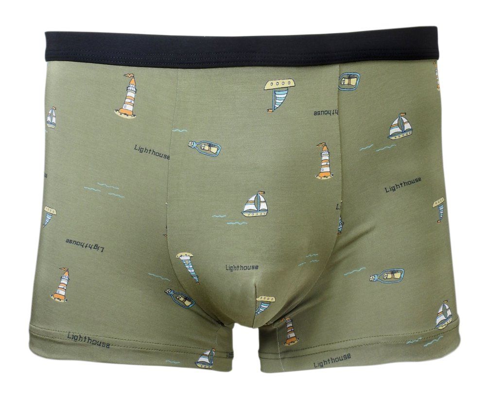 Bokserki Obcisłe, Oliwkowe w Latarnie, Statki, Bawełniane, Majtki z Elastanem -ALTIES