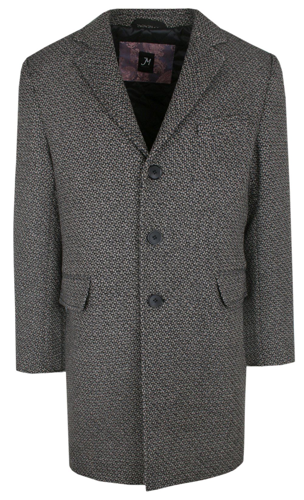 Męski Płaszcz z Wełną - Delikatnie Ocieplany - Taliowany - Grafitowo-Beżowy Melanż