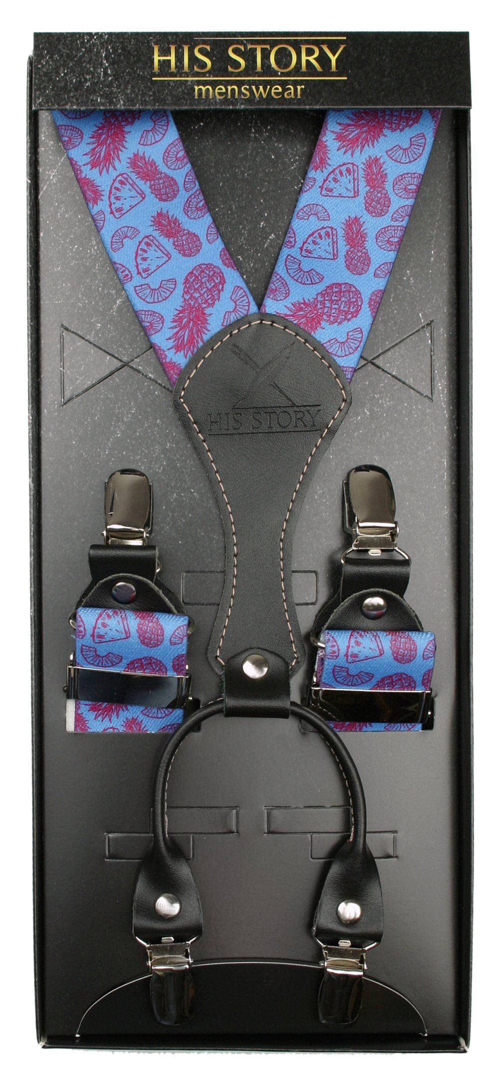 Męskie Szelki Szerokie, Skóra Naturalna - HIS STORY - Niebieskie, Wzór Owocowy