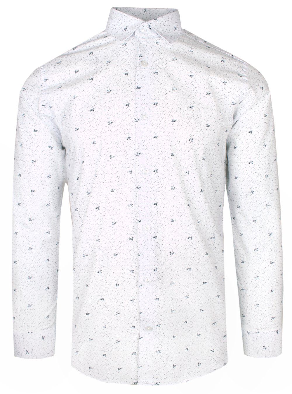 Koszula Wizytowa Biało-Granatowa w Kwiatki z Długim Rękawem, Taliowana, SLIM -Victorio