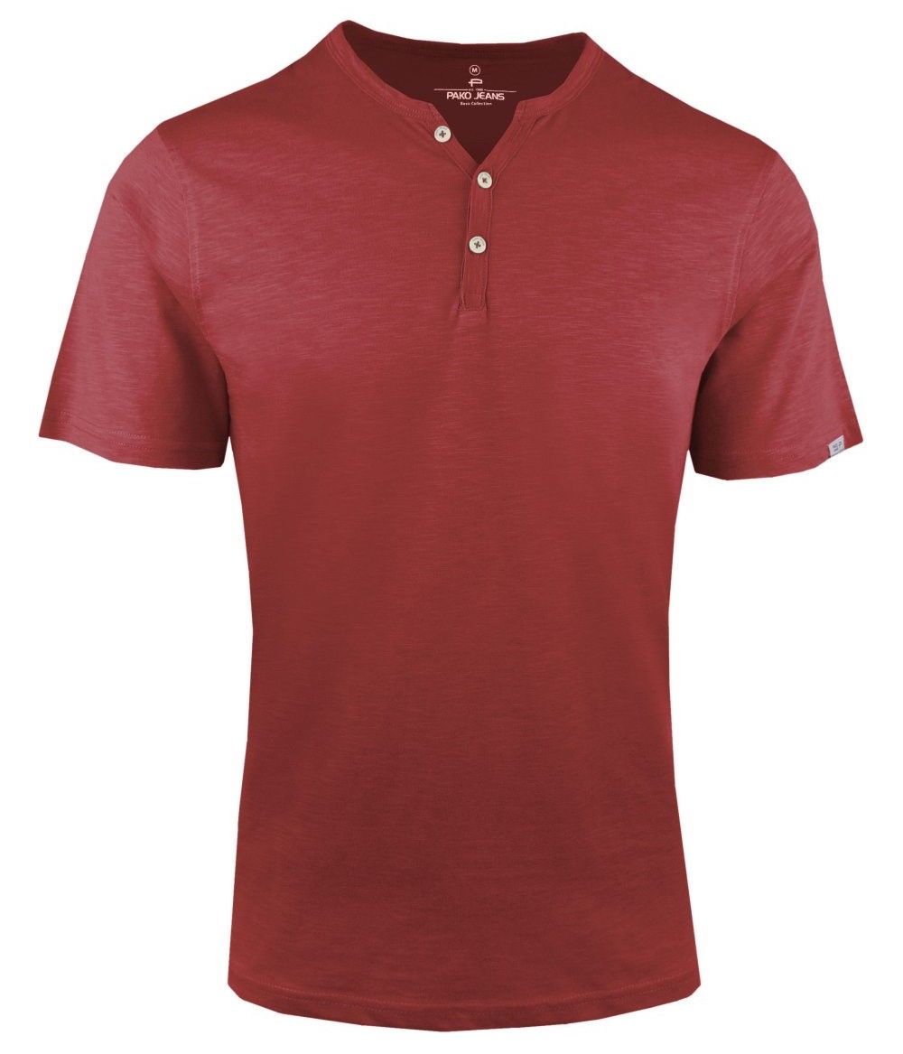 T-Shirt z Dekoltem na Guziki -Pako Jeans- Lekko Melanżowa, Bordowa Tkanina