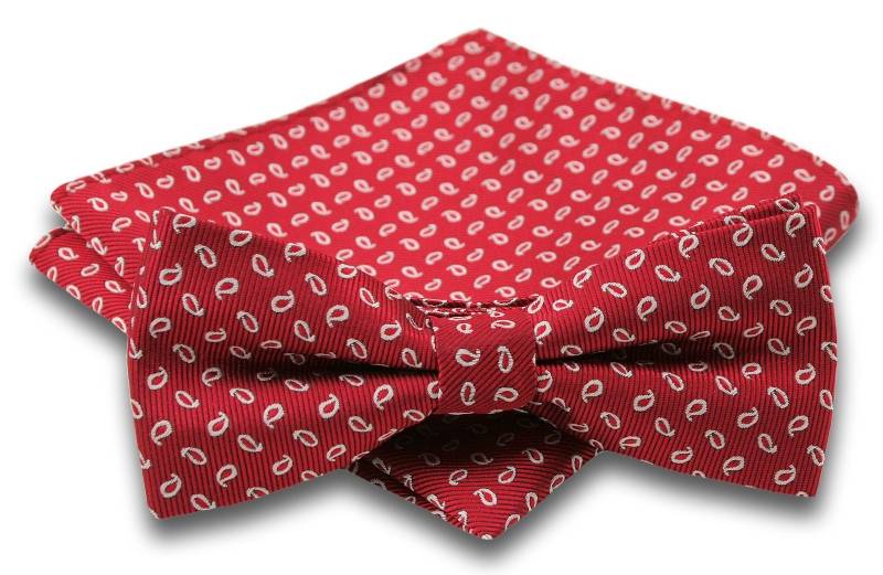 Czerwona Mucha w Drobny Wzór Paisley + Taka Sama Poszetka, Męska