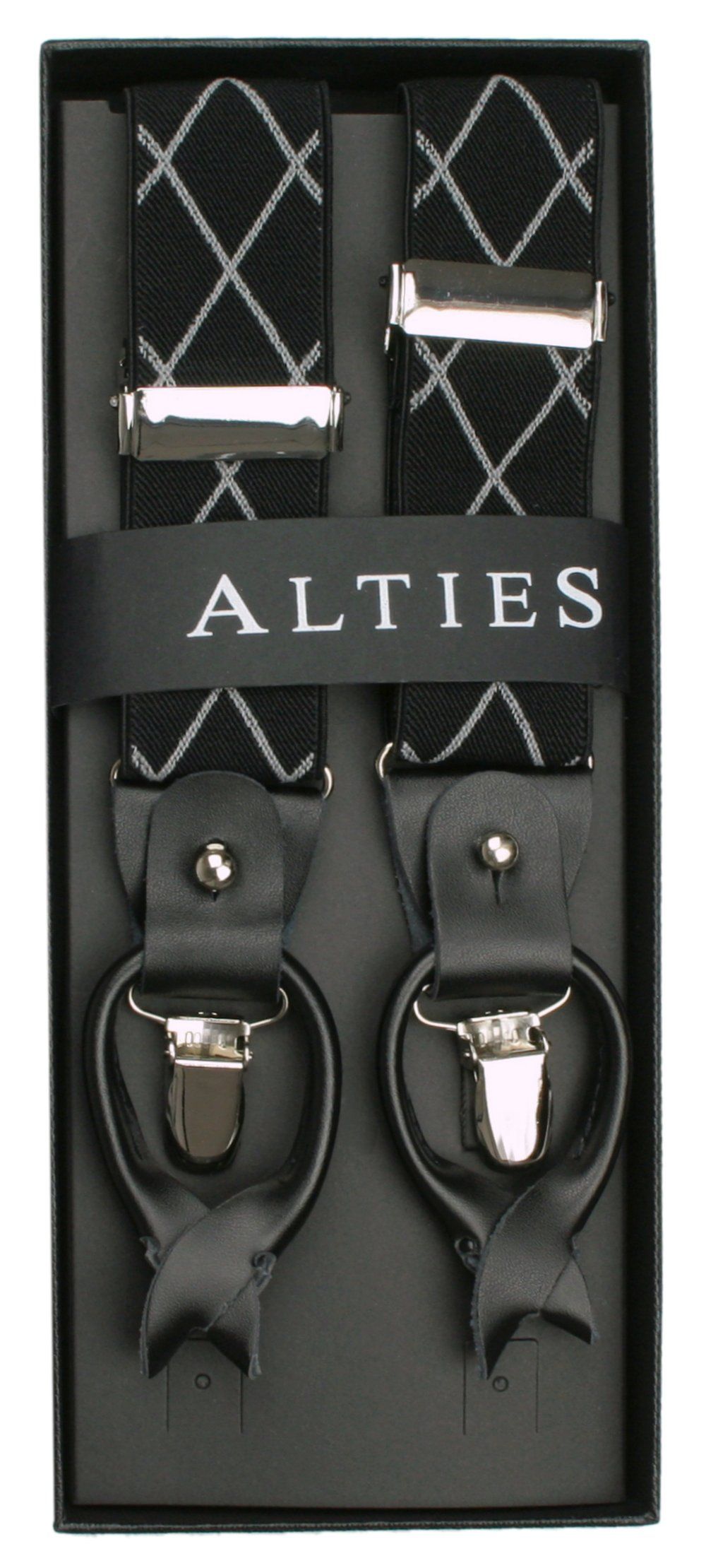 Szelki Klasyczne, Zapięcie na Guziki lub Żabki, Męskie -ALTIES - Czarne, Wzór w Romby