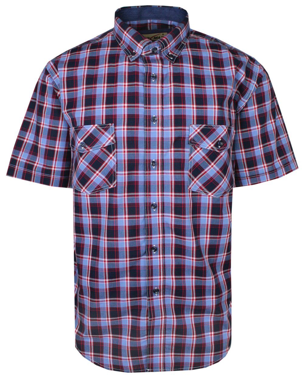 Koszula Bawełniana, Niebiesko-Czerwona Casualowa z Krótkim Rękawem, z Kieszonkami, w Kratkę -FORMAX