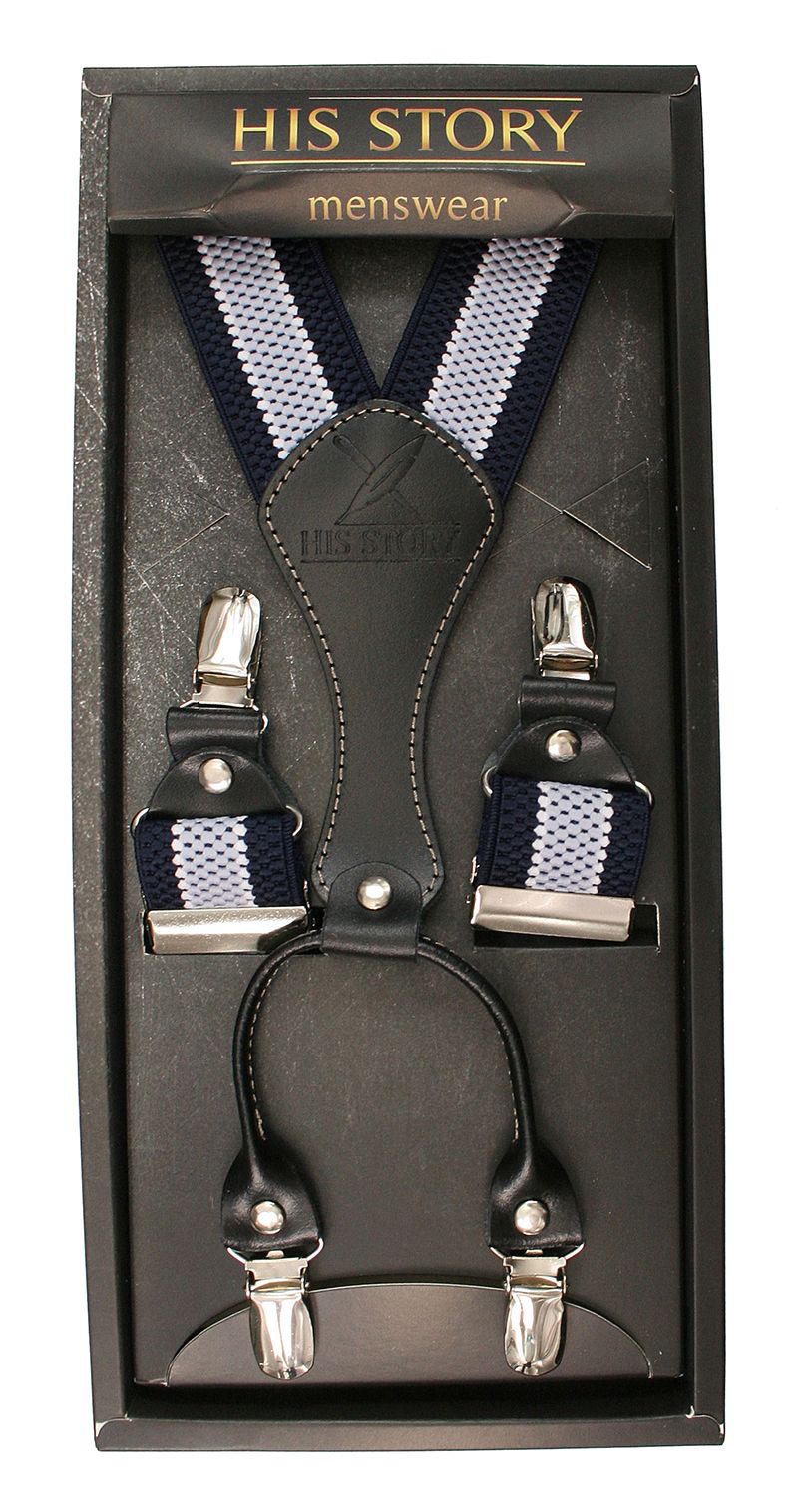 Granatowo-Białe Szerokie Szelki Męskie, Skóra Naturalna -HIS STORY- Stylowe, Tłoczone