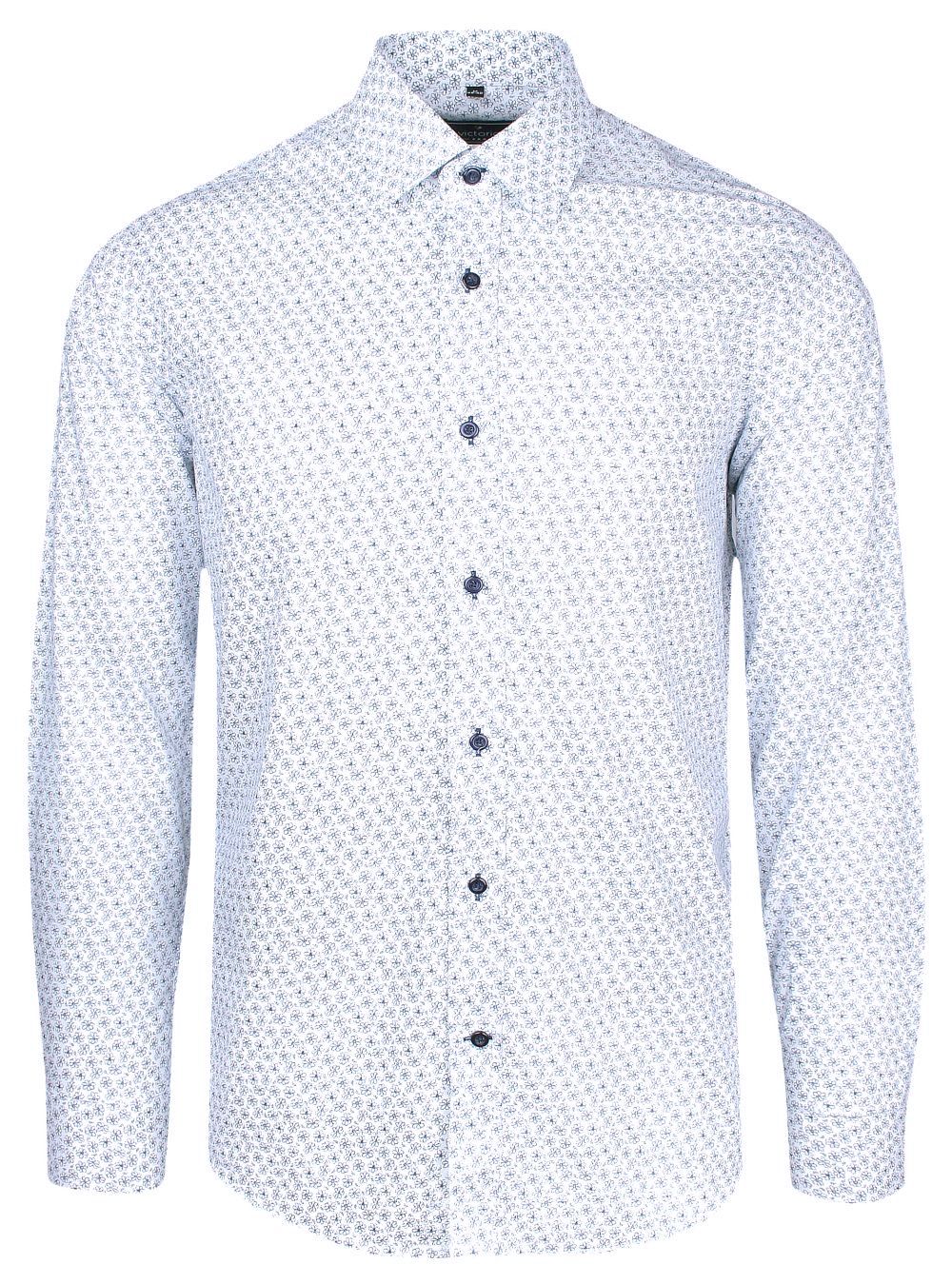 Koszula Wizytowa Biała w Granatowe Kwiatki z Długim Rękawem -Victorio