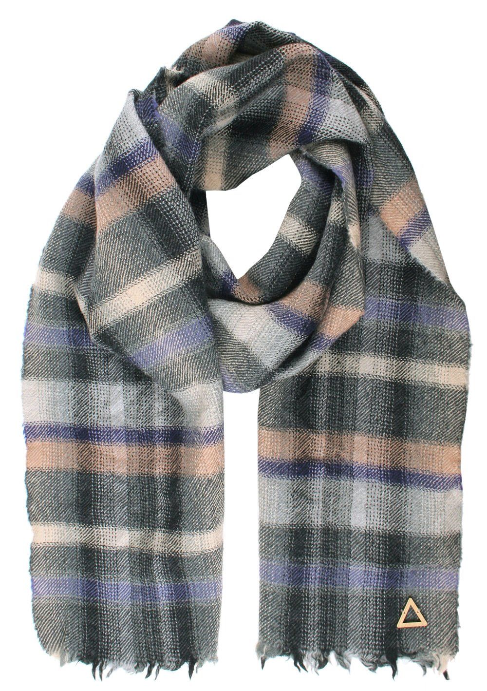 Wełniany Szalik Męski - V. Fraas - Popielata Kratka, Fioletowy Akcent