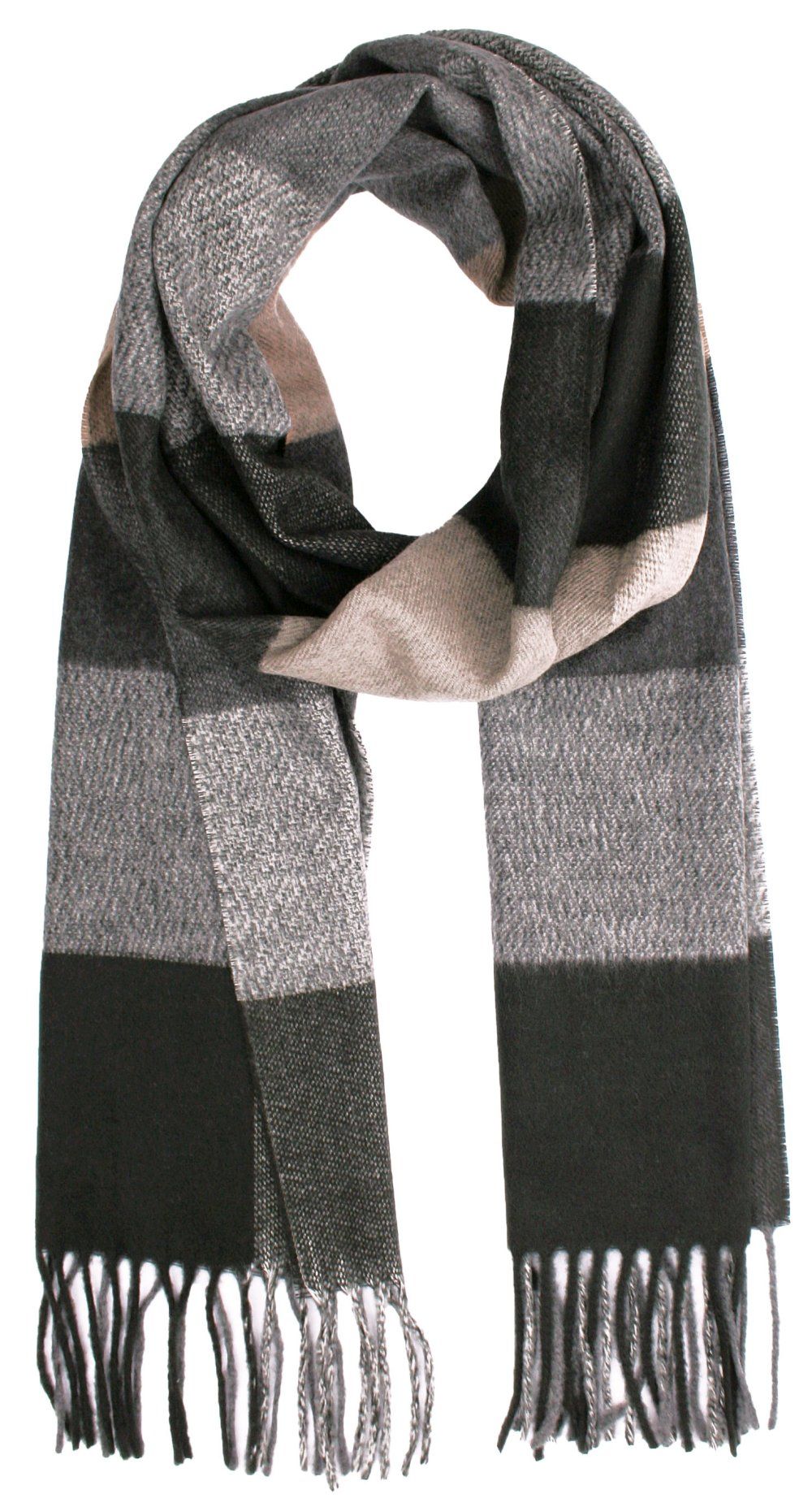 Szalik Beżowo-Szary z Frędzlami, Miękki w Kratkę, Firmy V.Fraas -Cashmink