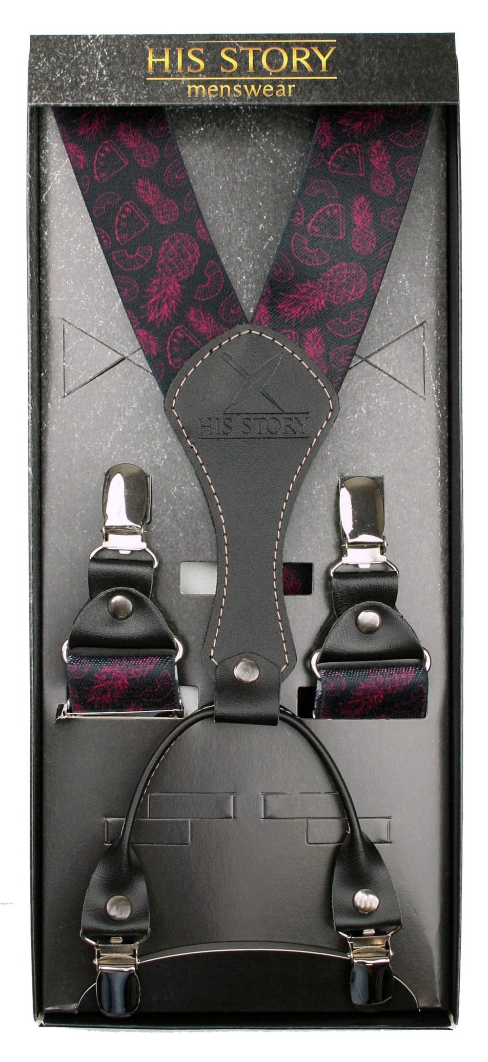 Męskie Szelki Szerokie, Skóra Naturalna - HIS STORY - Czarne, Wzór Owocowy