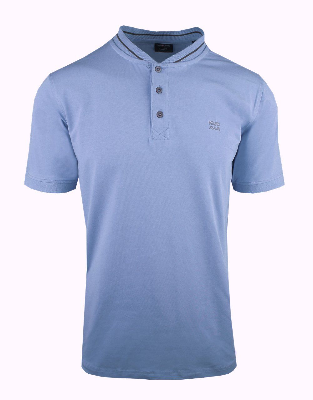 Męski T-Shirt (Koszulka) z Dekoltem na Guziki - Pako Jeans - Niebieska