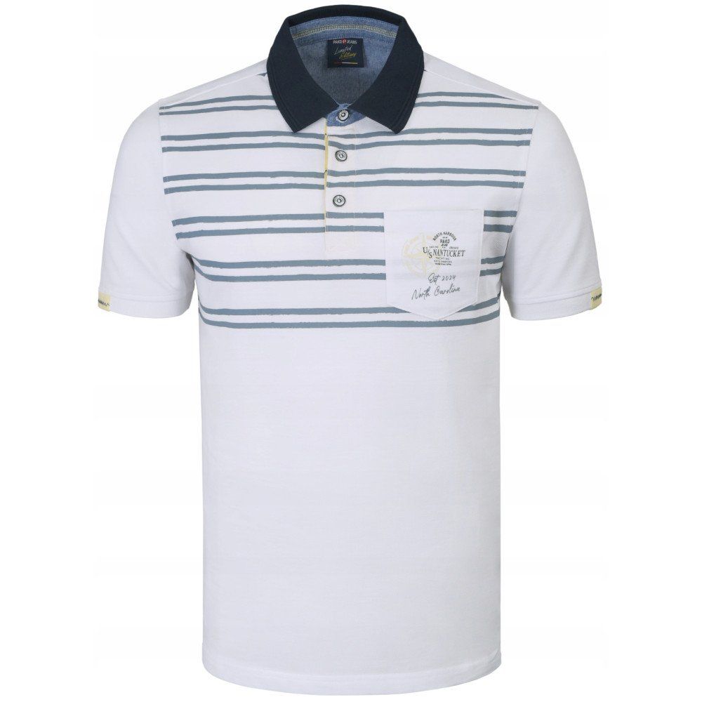 Koszulka Polo - Męska - Pako Jeans - Biała, Paski i Nadruk