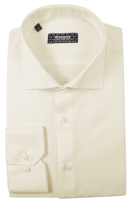 Beżowa Bawełniana Koszula z Długim Rękawem -GRZEGORZ MODA MĘSKA- Taliowana, Kremowa