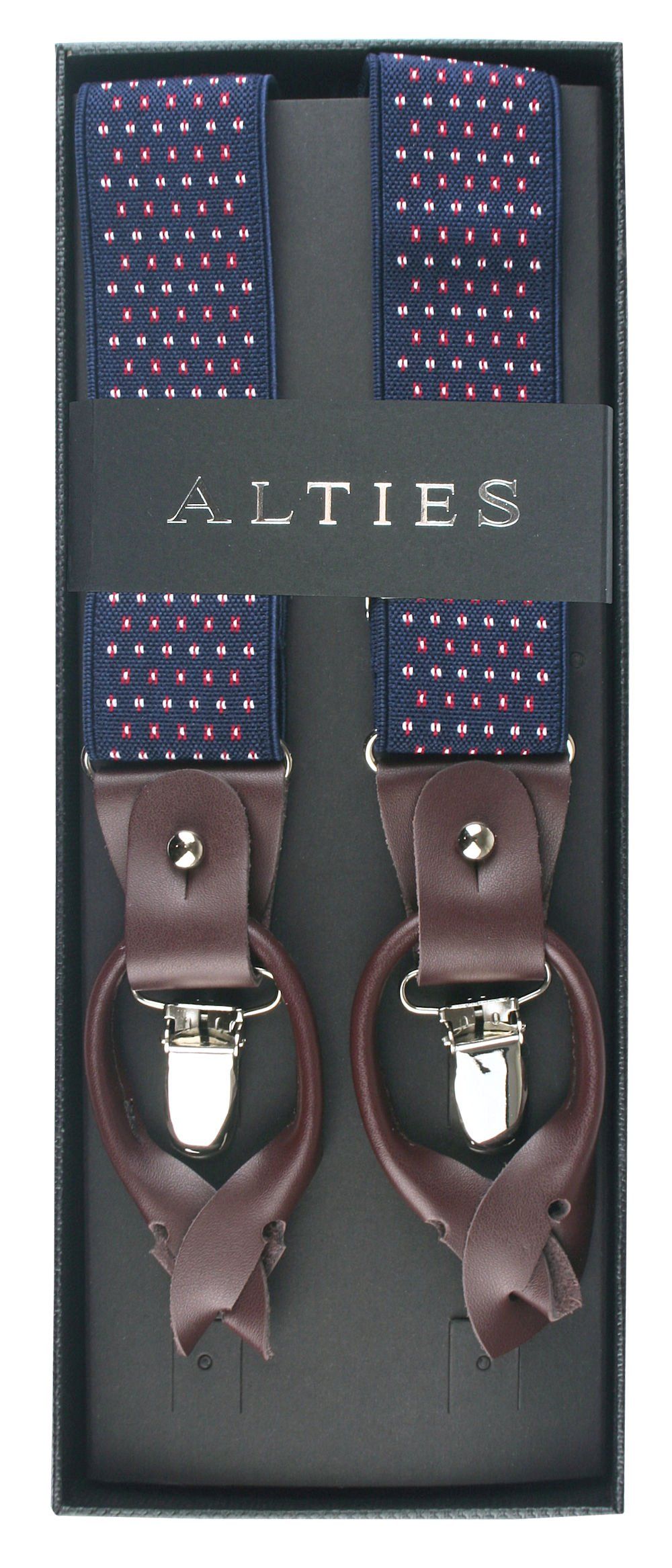 Szelki, Zapięcie na Guziki lub Żabki -ALTIES- Granatowe w Drobny Groszek