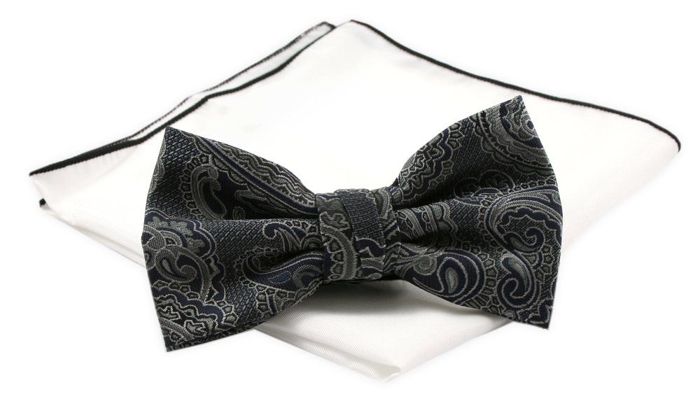 Mucha Męska z Białą Poszetką - Chattier - Kolor Stalowy z Granatem