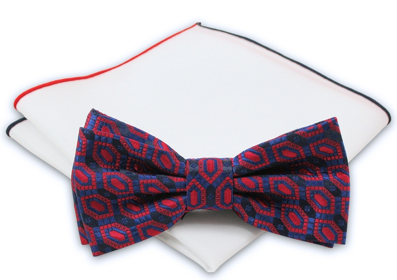 Granatowo-Czerwona Mucha + Biała Poszetka - Chattier - Wzór Geometryczny, Męska