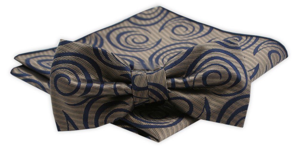 Męska Mucha z Poszetką w Zestawie - Alties - Ciemne Złoto, Granatowy Wzór