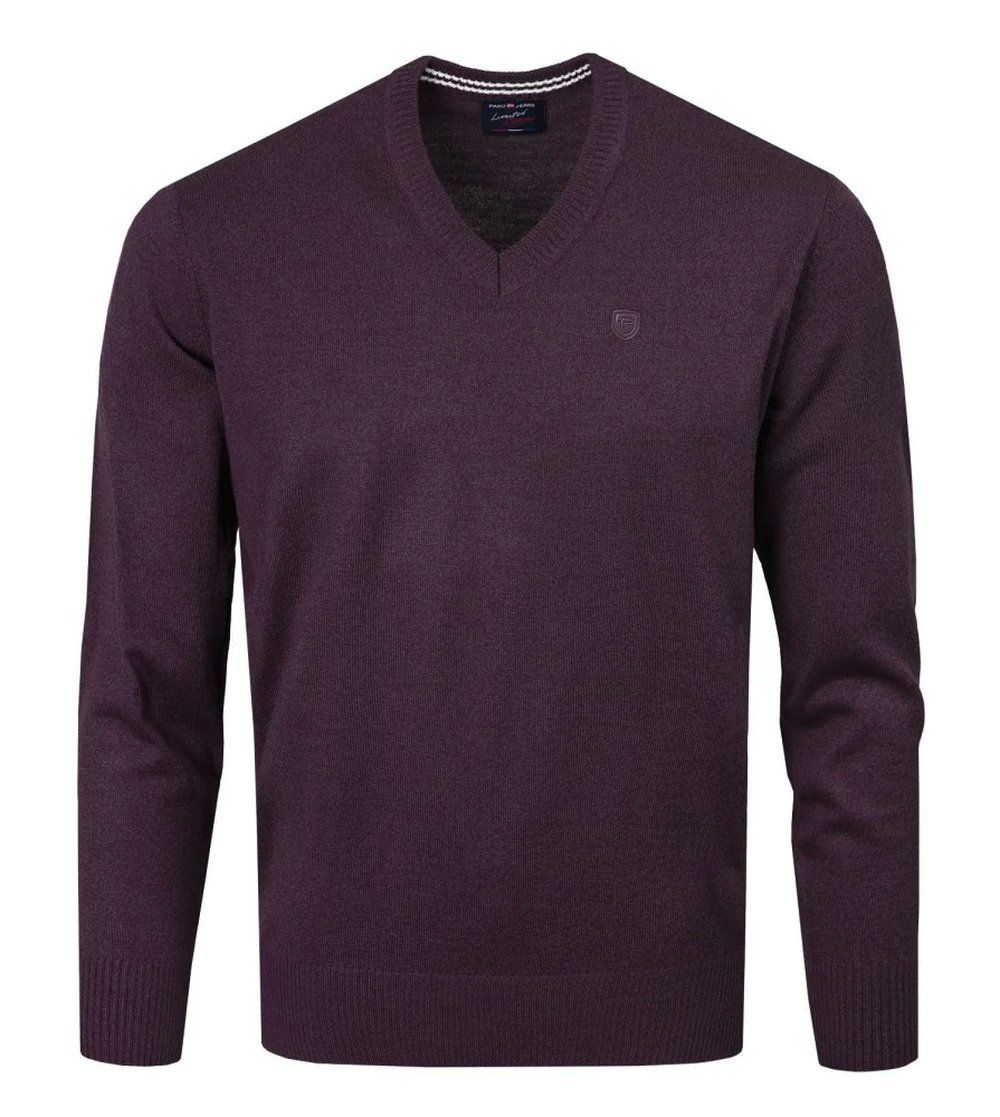 Sweter Męski Wełniany - Dekolt w Serek - Pako Jeans - Śliwkowy