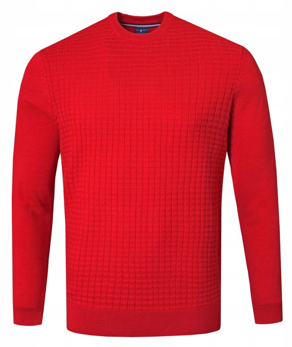 Bawełniany Sweter Męski, Okrągły Dekolt - Pako Jeans - Marmurkowa Faktura, Czerwony