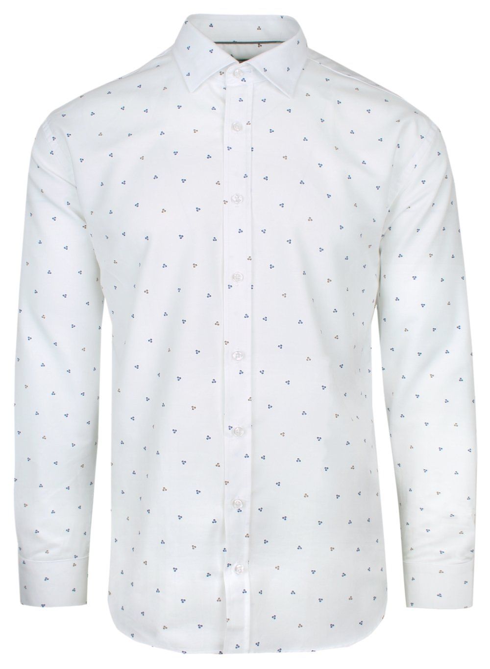 Koszula Bawełniana Biała w Brązowo-Granatowy Geometryczny Wzór, Taliowana, Długi Rękaw -QUICKSIDE