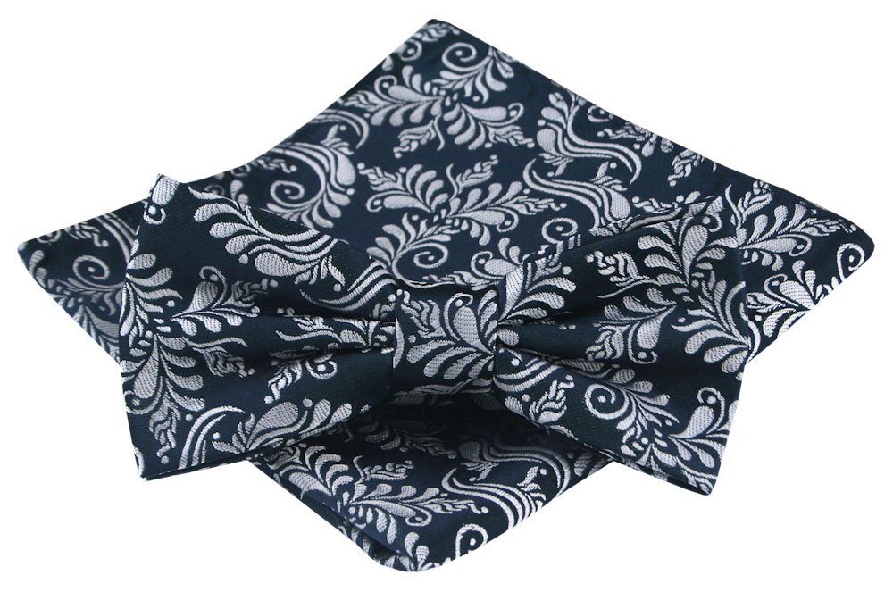 Mucha Męska z Poszetką - Alties - Granat, Popielate Kwiaty