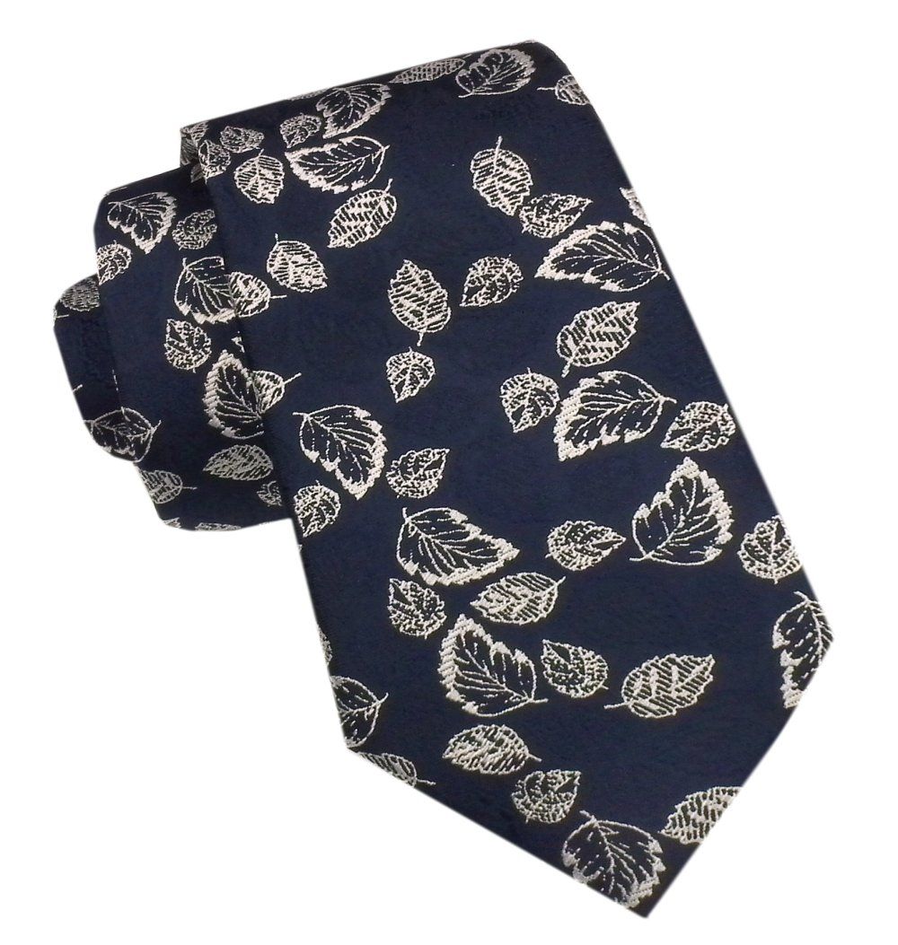 Elegancki Męski Krawat - Alties - Granatowy w Jasnopopielate Listki