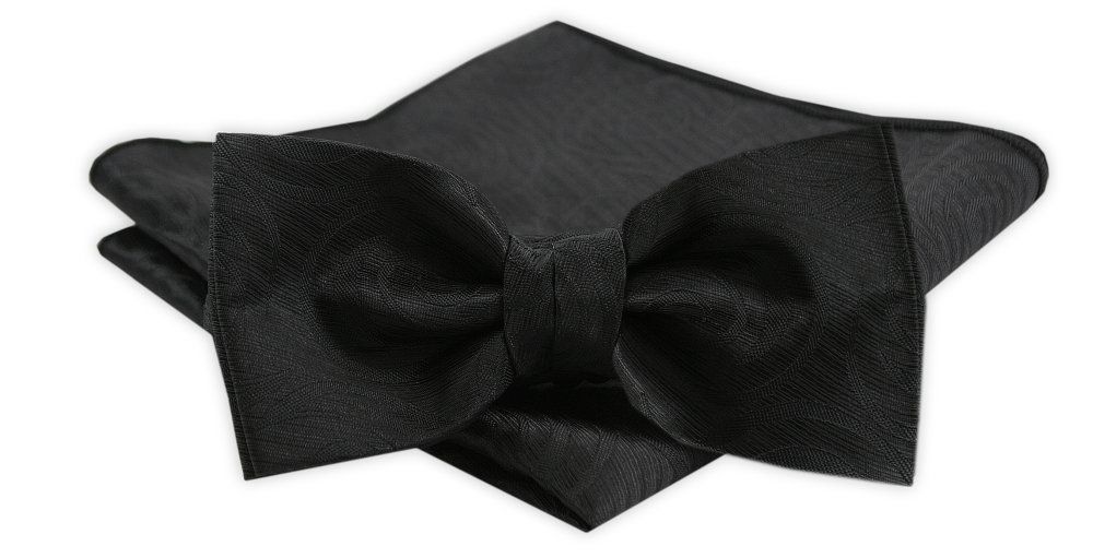 Męska Mucha z Poszetką w Zestawie - Alties - Czarna z Fakturą Materiału