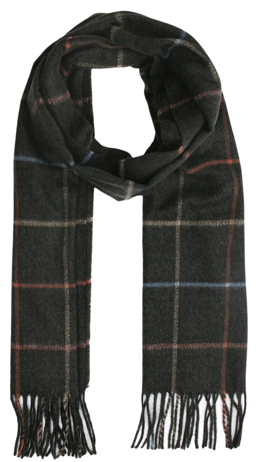 Szalik Grafitowy w Kratkę, Miękki, Delikatny, z Frędzlami, Cashmink -V.Fraas