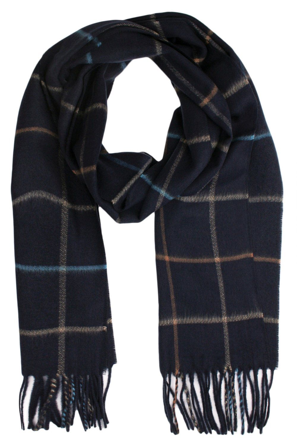 Szalik Granatowy w Kratkę, Miękki, Delikatny, z Frędzlami, Cashmink -V.Fraas