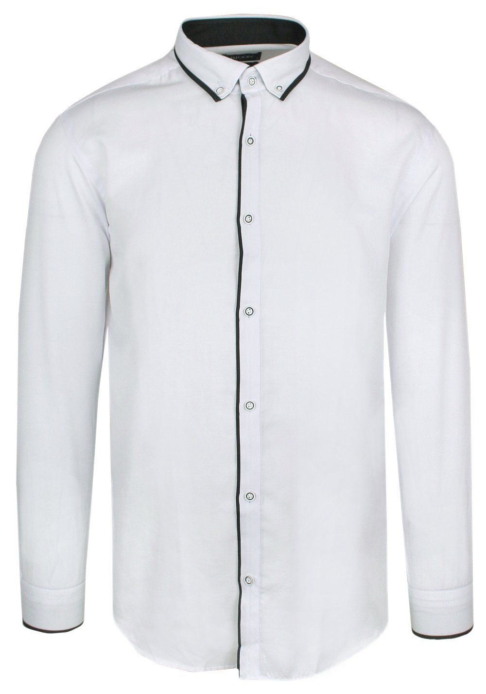 Koszula Męska Biała z Czarną Lamówką -RIGON- Krój TALIOWANY, Długi Rękaw, Slim Fit
