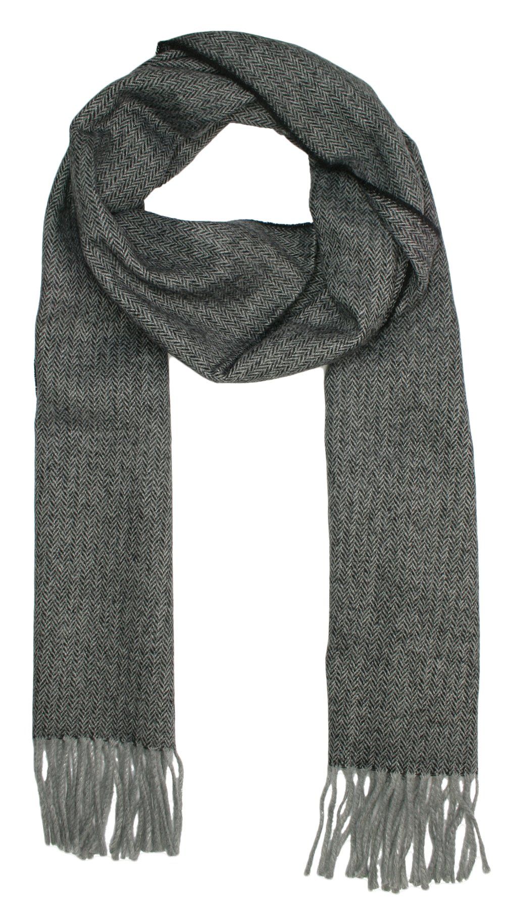 Szalik z Frędzlami, Szary w Jodełkę, Męski, Jesienno-Zimowy z Wełną -V. FRAAS