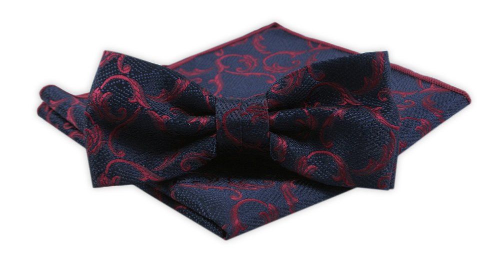 Męska Mucha z Poszetką w Zestawie - Alties - Granatowa, Wzór Ciemnoczerwony