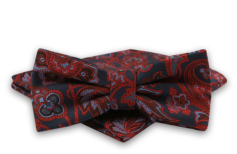 Granatowo-Miedziana Mucha Męska -ALTIES- z Taką Samą Poszetką, Wzór Orientalny