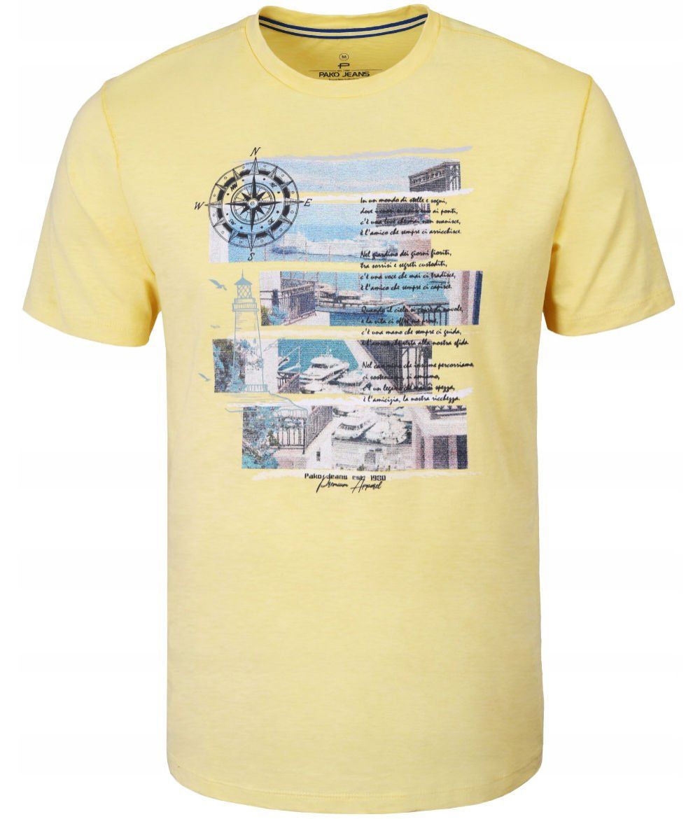 T-Shirt (Koszulka) Męska - Pako Jeans - Żółta z Dużym Nadrukiem