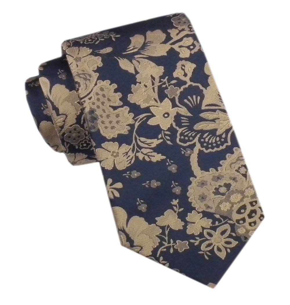 Elegancki Męski Krawat - Alties - Granatowy w Beżowe Kwiaty