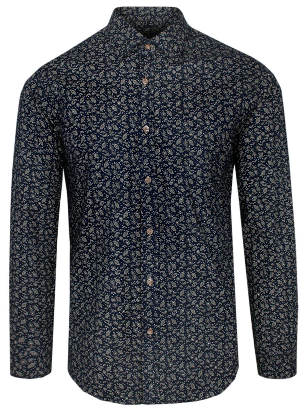 Koszula Wizytowa, Długi Rękaw, Granat w Beżowe Liście, Taliowana, SLIM -Victorio