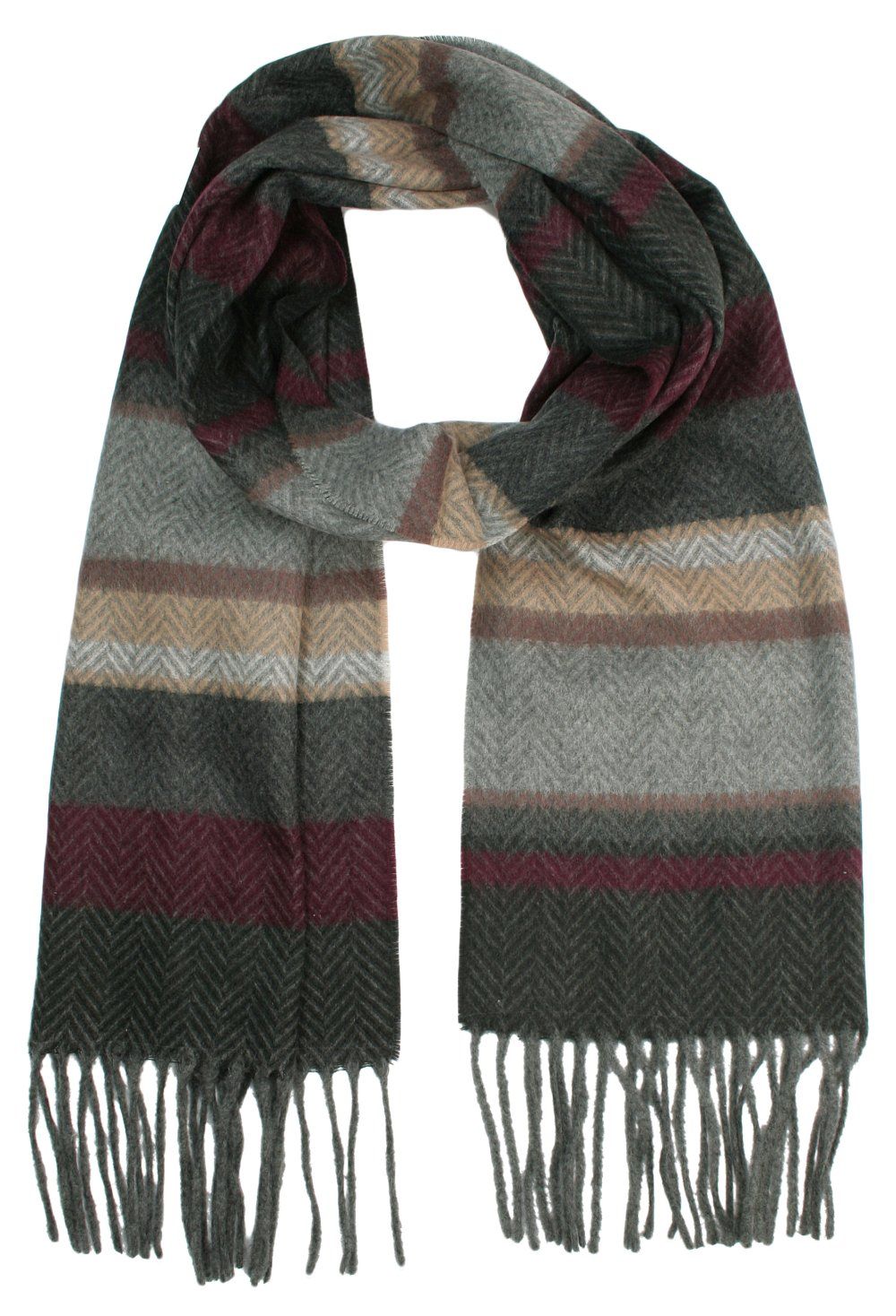 Szalik w Paski, Jodełkę, Popielato-Beżowy z Frędzlami, Cashmink Miękki, Męski -V.Fraas