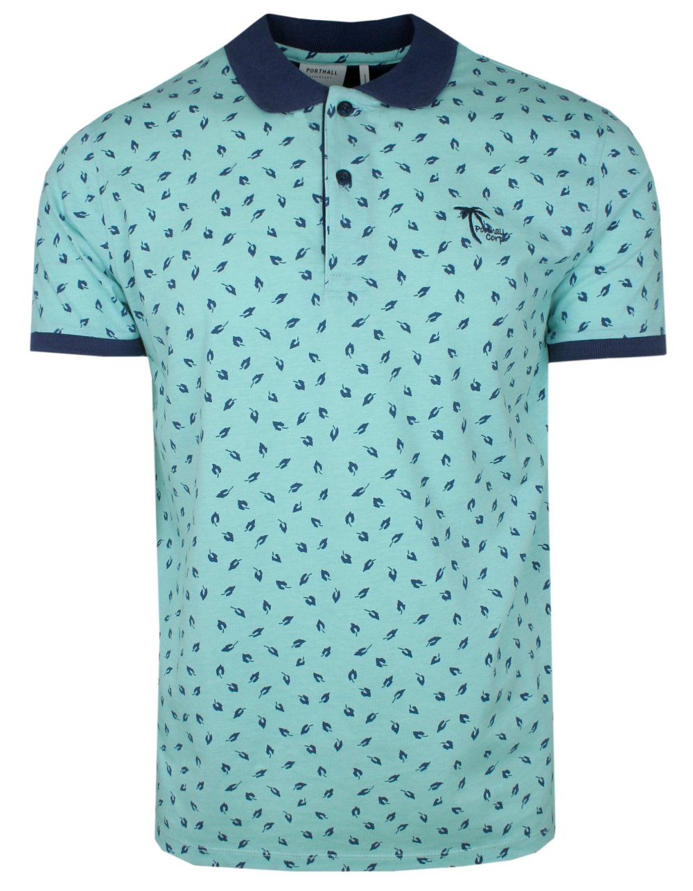 Koszulka POLO, Turkusowa w Listki, Krótki Rękaw, Męska, z Nadrukiem