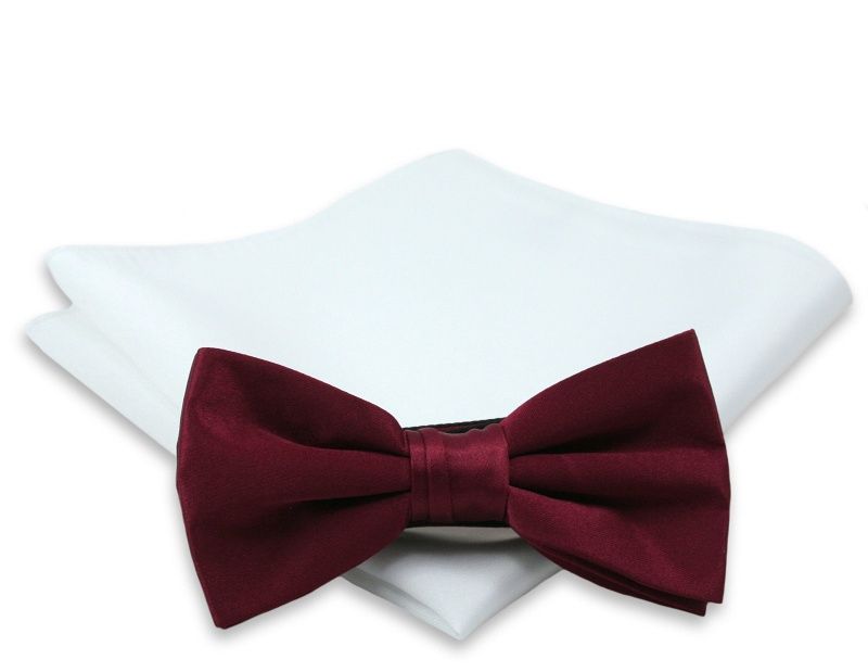 Bordowa Mucha Gładka, Jednokolorowa + Biała Poszetka - Chattier, Męska