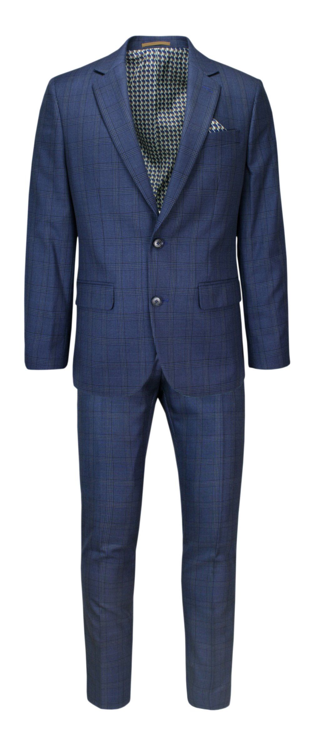 Garnitur Elegancki, Jasny Granatowy w Kratkę Zapinany na Dwa Guziki, SLIM, Spodnie w Kant -VICTORIO