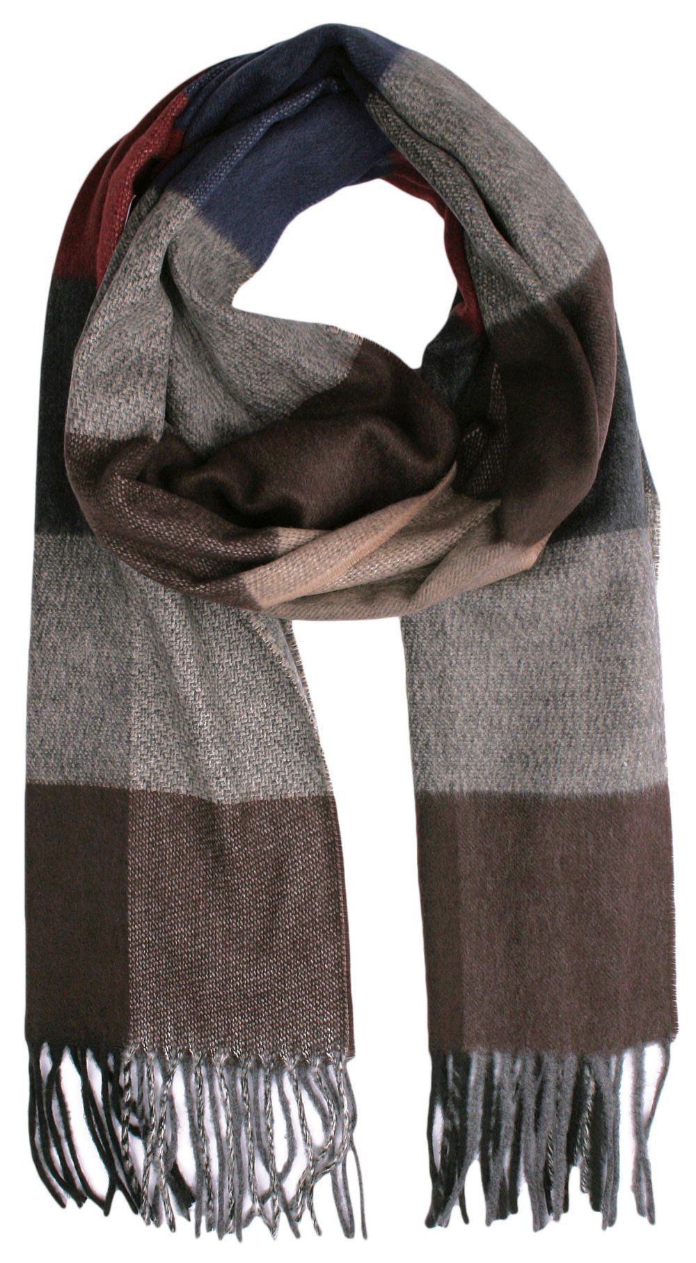 Szalik Szaro-Brązowy z Frędzlami, Miękki w Kratkę, Firmy V.Fraas -Cashmink
