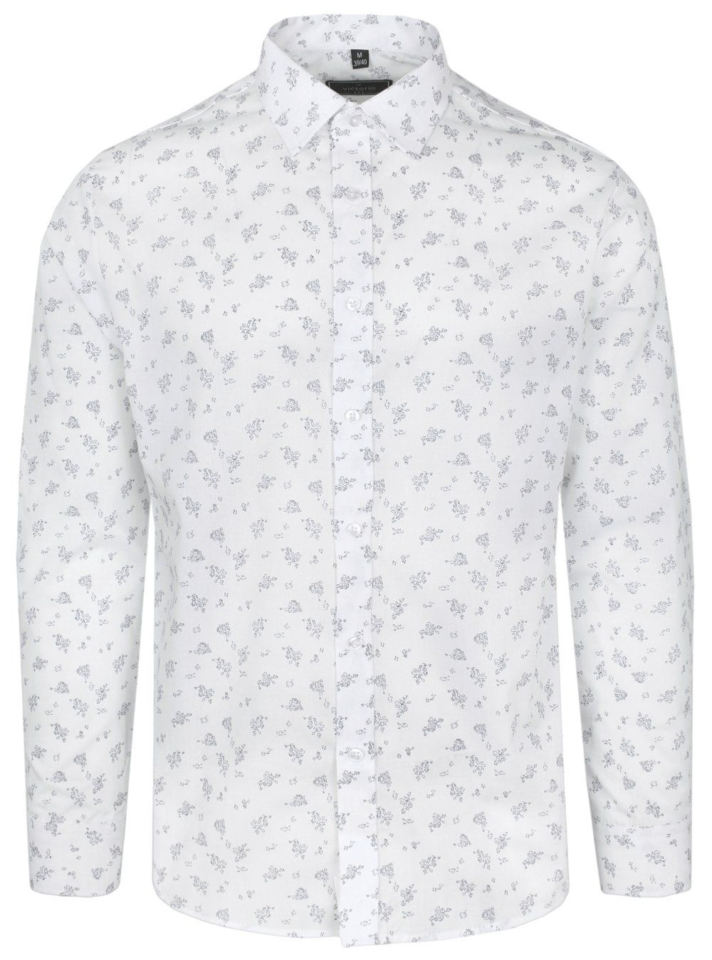 Koszula Wizytowa, Długi Rękaw, Biel z Akcentem Kwiatowym, Taliowana, SLIM -Victorio