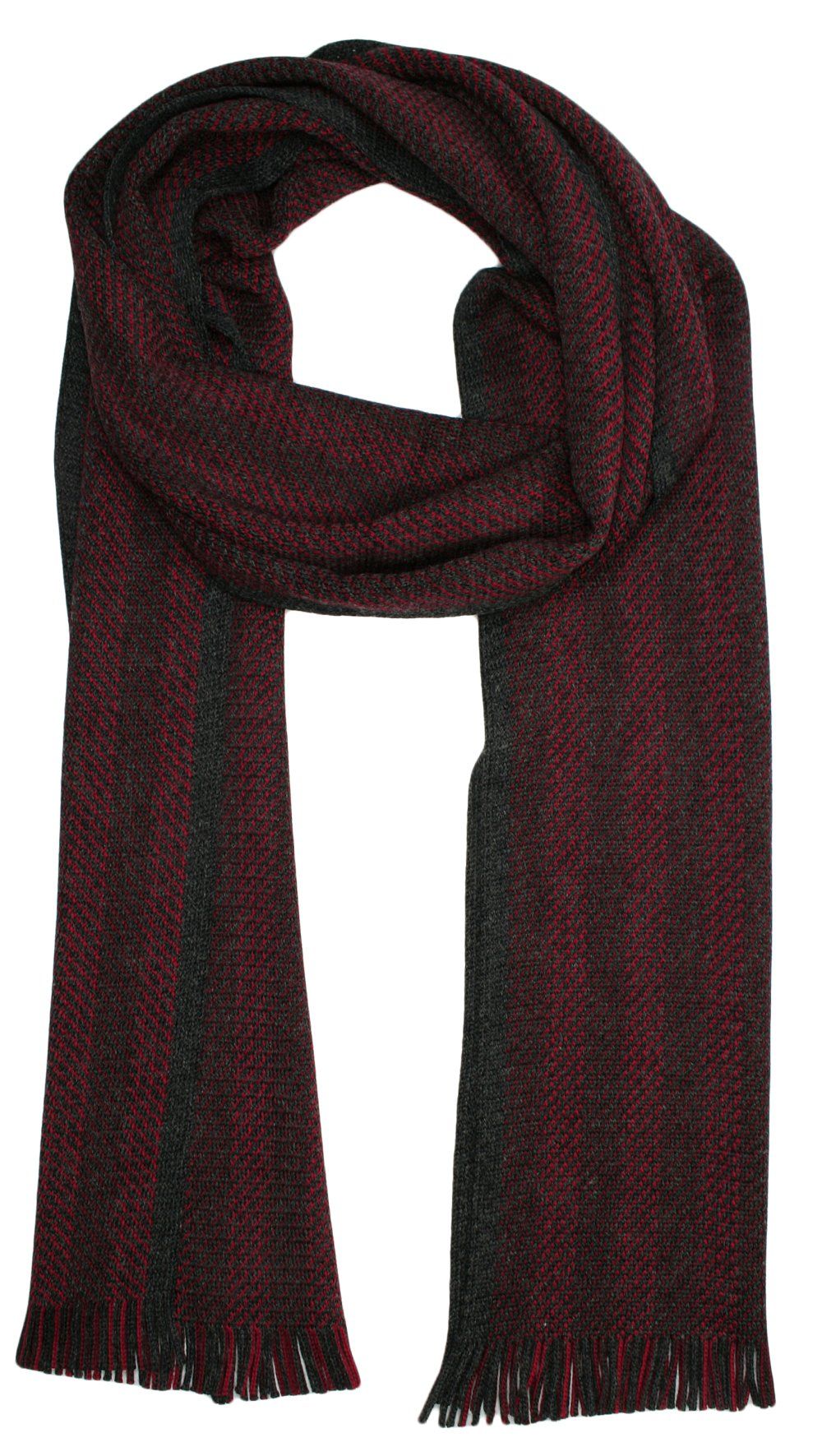 Szalik Dziergany z Frędzlami, Czerwono-Szary w Paski, Jesienno-Zimowy -V. FRAAS