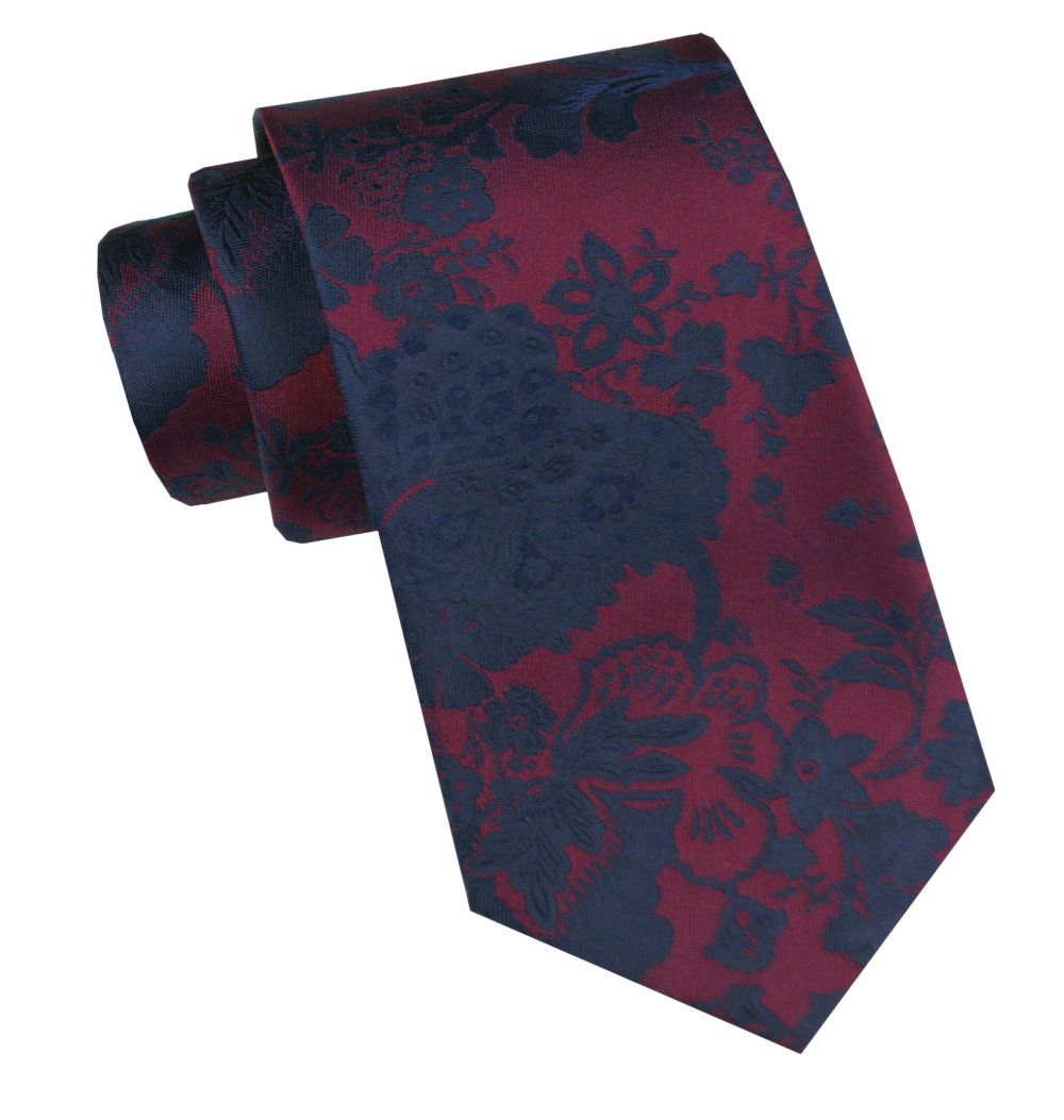 Elegancki i Modny Krawat Jedwabny - Alties - Granat i Czerwień, Kwiaty