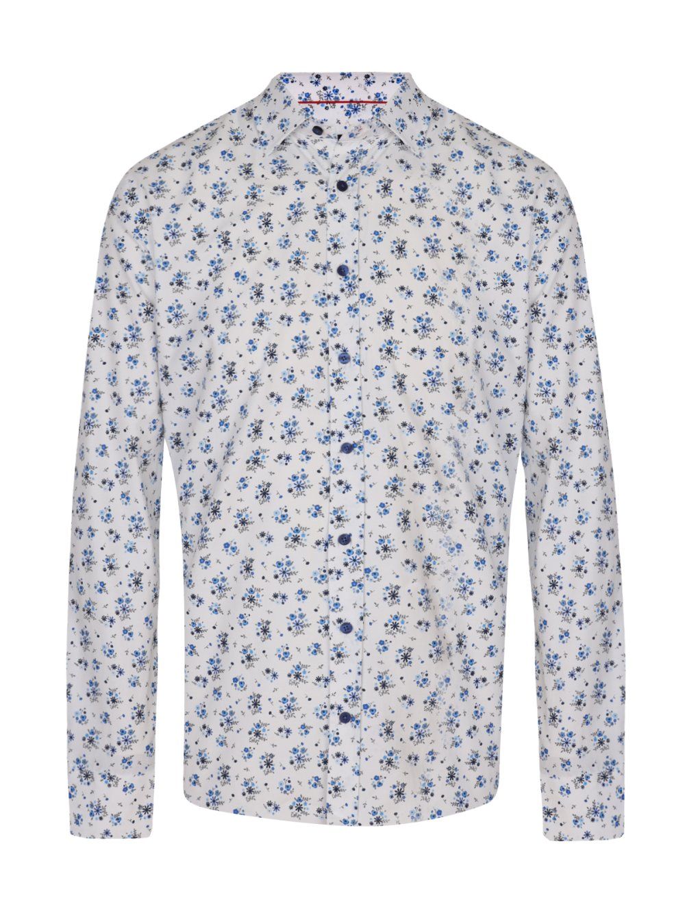 Koszula, Biało-Chabrowa w Kwiatki, Bawełniana, Taliowana, Długi Rękaw -QUICKSIDE