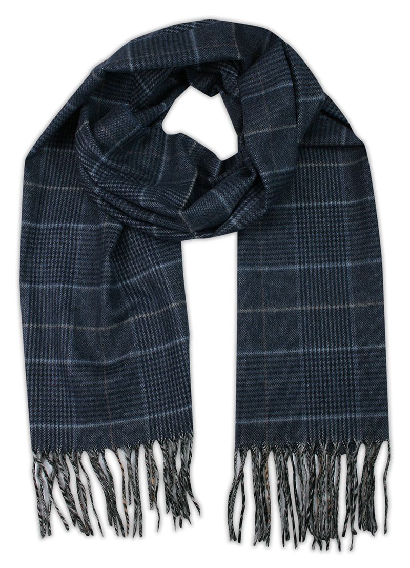 Szalik Granatowy z Frędzlami, w Kratkę, Firmy V.Fraas -Cashmink- Jesienno-Zimowy, Męski