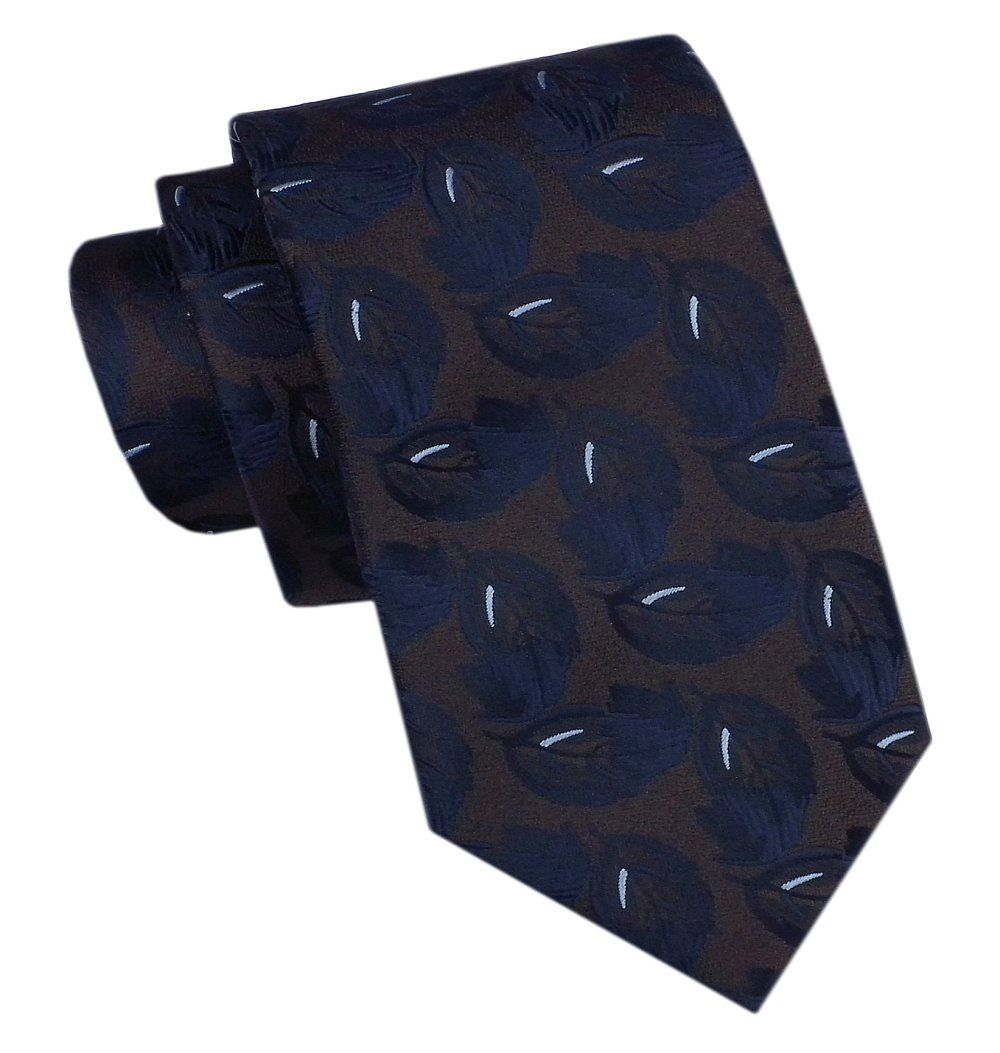 Elegancki Męski Krawat - Alties - Brązowy w Granatowe Liście