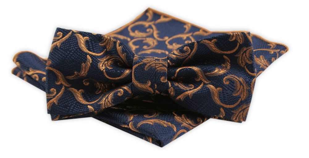 Męska Mucha z Poszetką w Zestawie - Alties - Złoty Wzór, Granatowe Tło