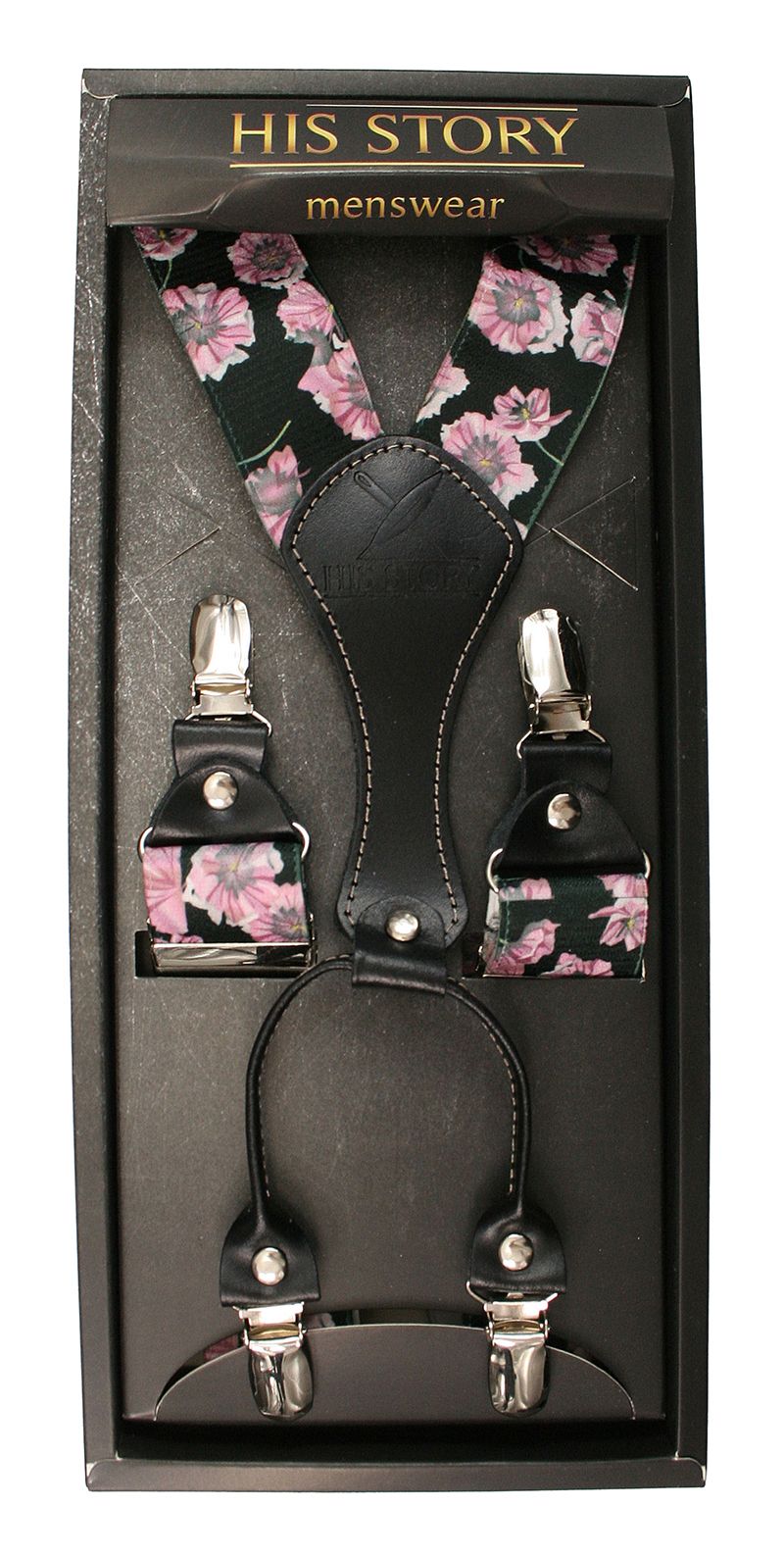 Czarne Szerokie Szelki Męskie, Skóra Naturalna -HIS STORY- Stylowe, w Różowe Kwiatki