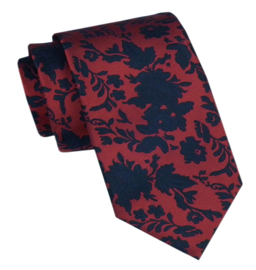 Elegancki Męski Krawat - Alties - Ciemna Cegła, Granatowy Wzór w Kwiaty